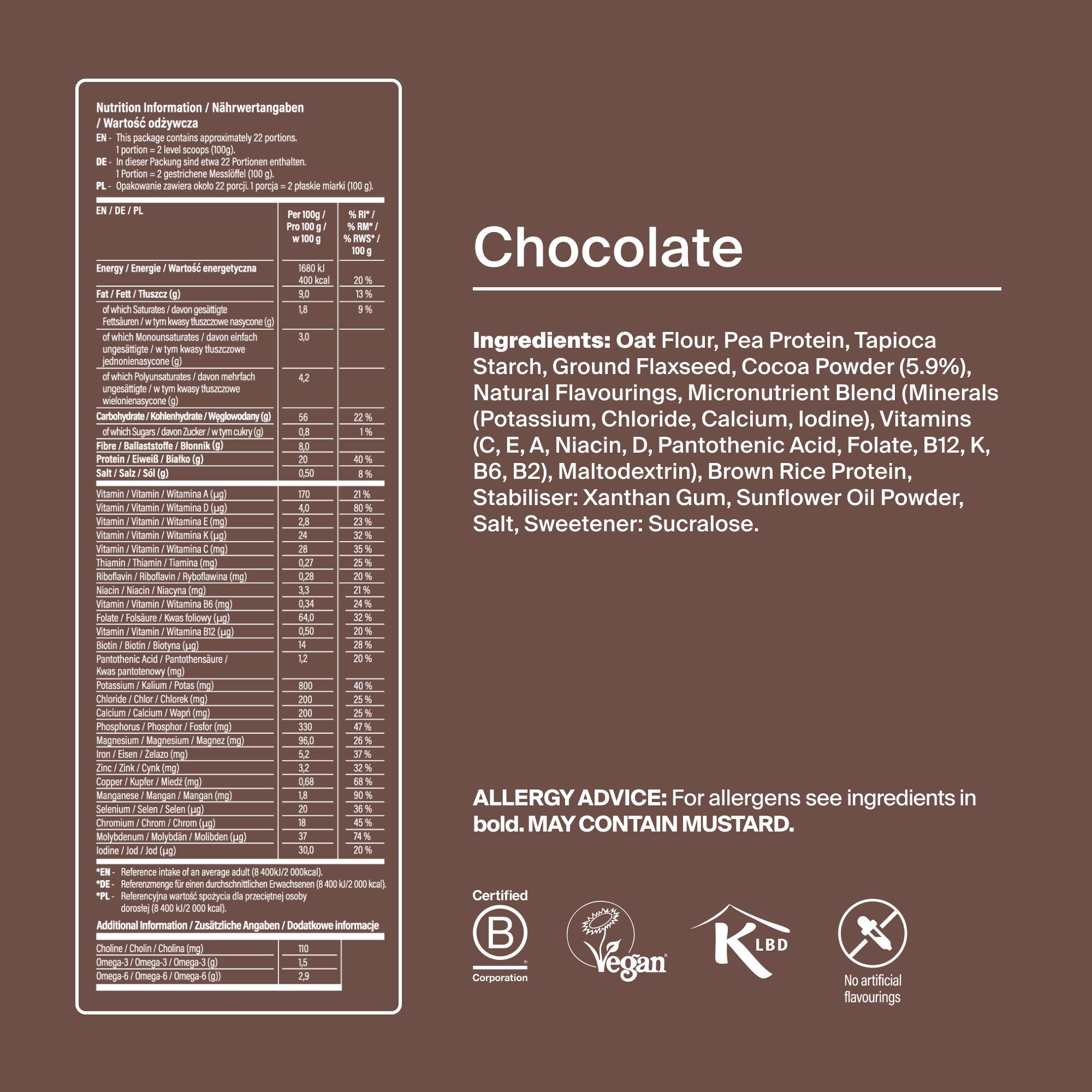 Back of pack nutritional information for Huel Essential