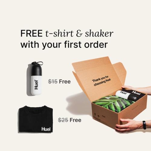 Unboxing a Huel order containing Superblend powder, a black Huel t-shirt, and a white and black Huel Shaker