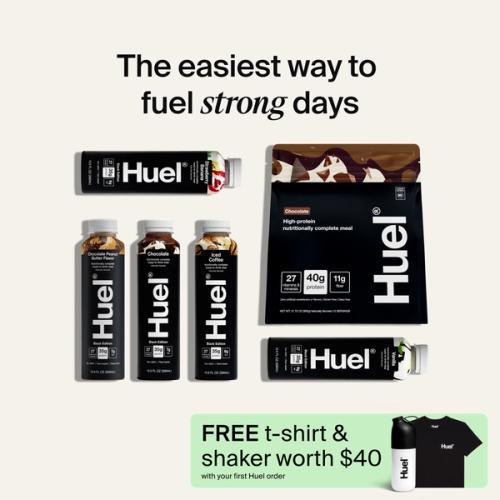 A group of Huel products including Black Edition powder and bottles of Black Edition Ready-to-drink