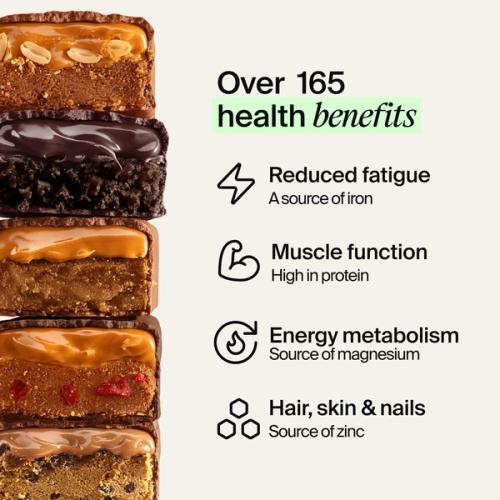An image of a stack of Huel Complete Nutrition Bars next to text outlining key health benefits