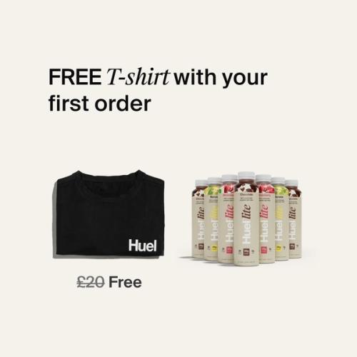 T-shirt and ready-to-drink bottles stating the free t-shirt for new customer subscriptions