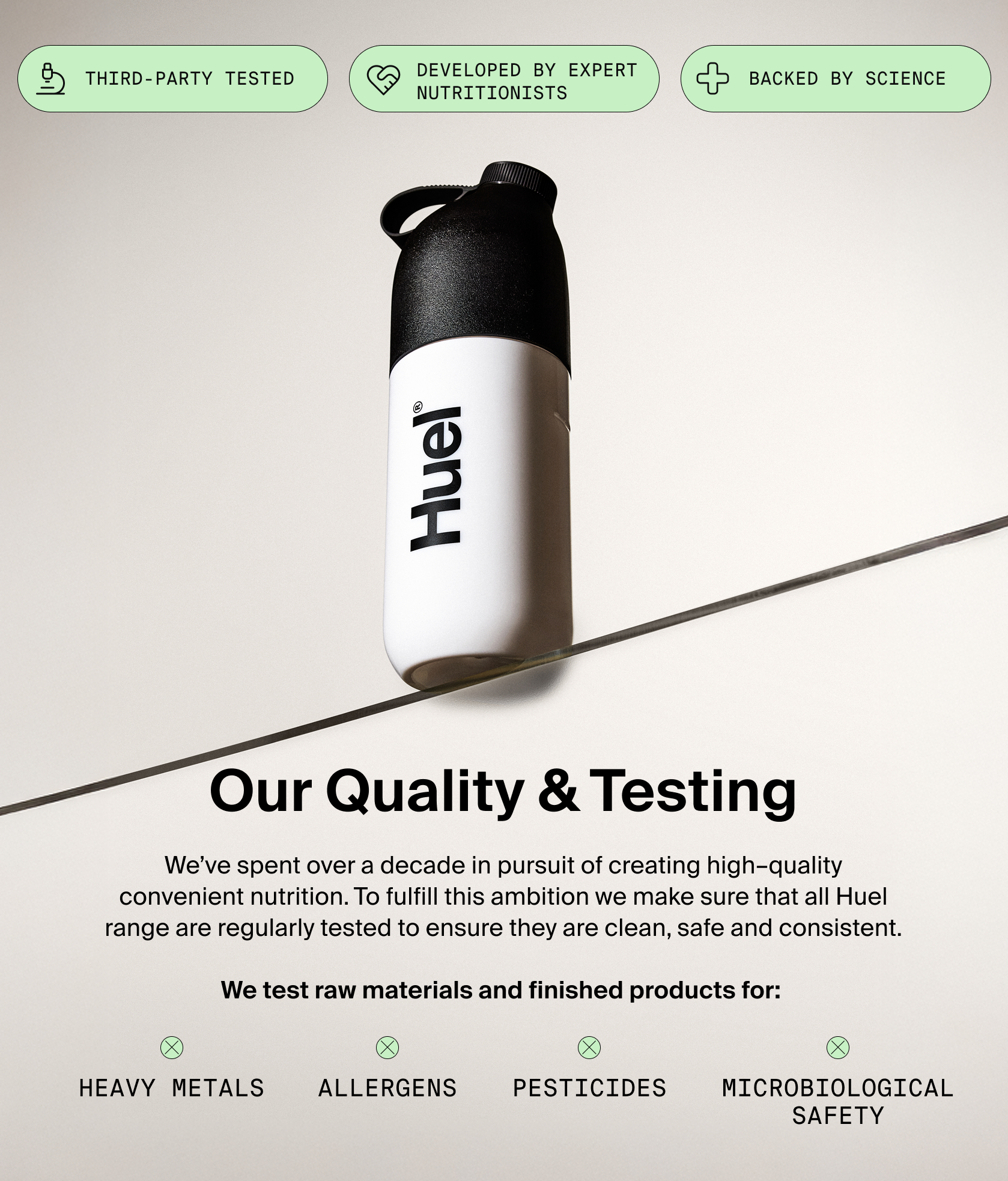 Huel quality and testing infographic featuring a shaker bottle balanced on a wire. Icons highlight third-party testing, expert nutritionists, and science. Text details testing for heavy metals, allergens, pesticides, and microbiological safety