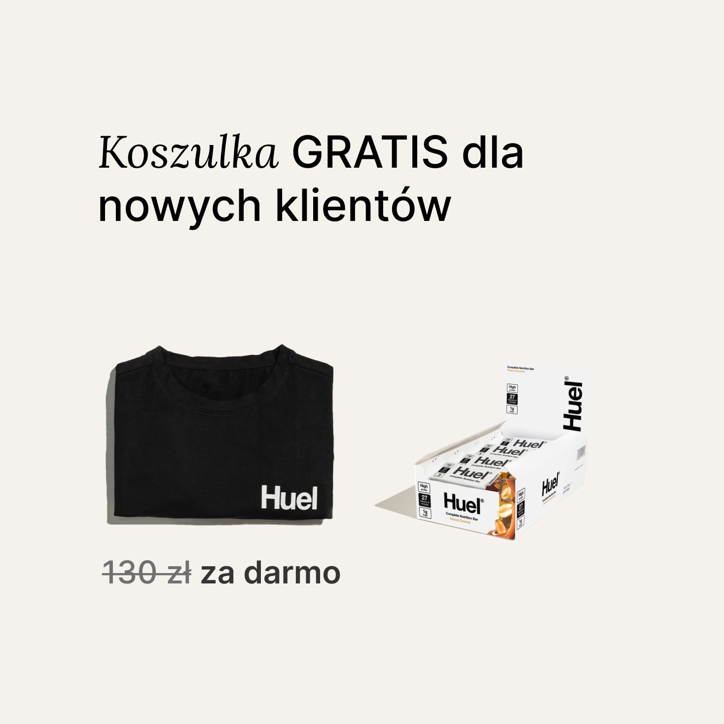 A box of Huel complete nutrition bars on a neutral background next to a black Huel t-shirt