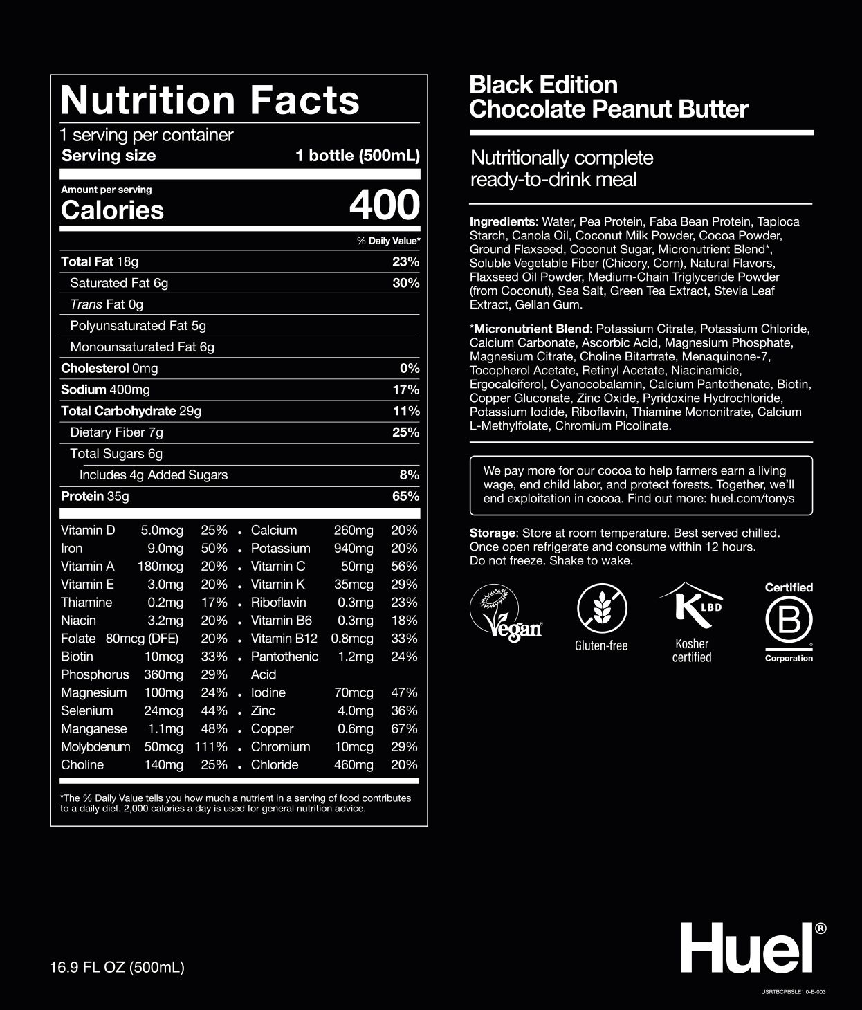 Nutritional information for Huel Black Edition RTD - Chocolate Peanut Butter