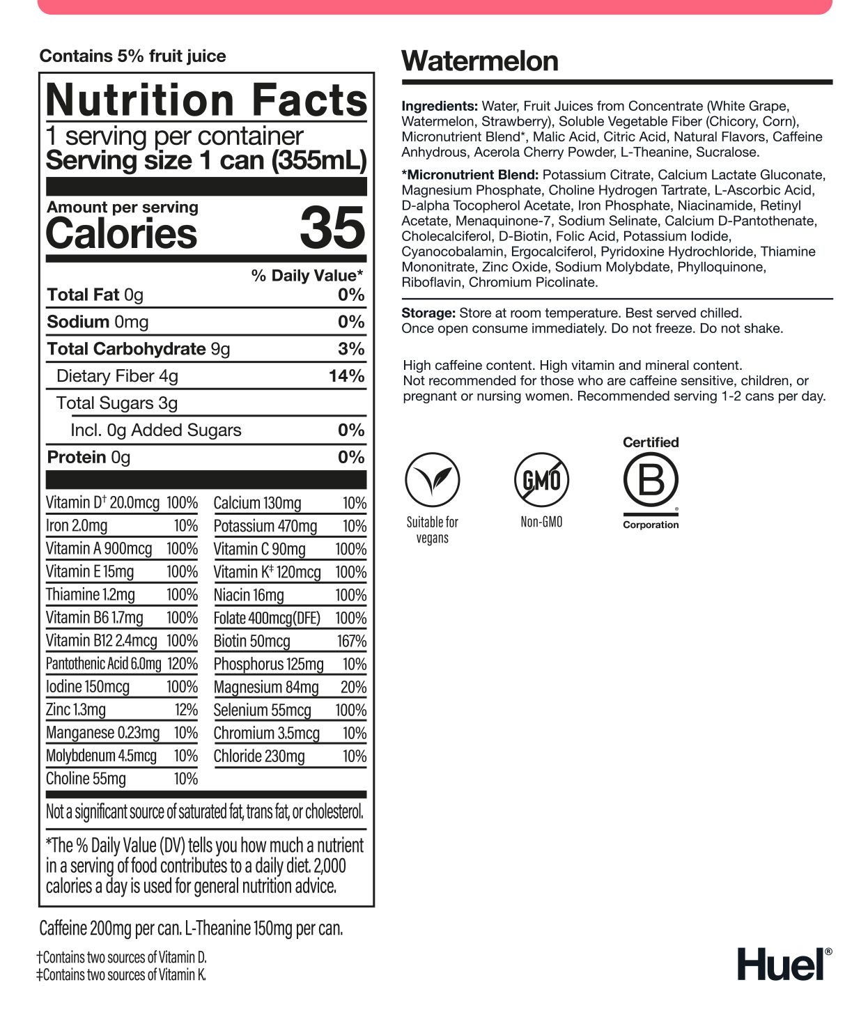 Nutritional information for Huel's Energy+ Watermelon