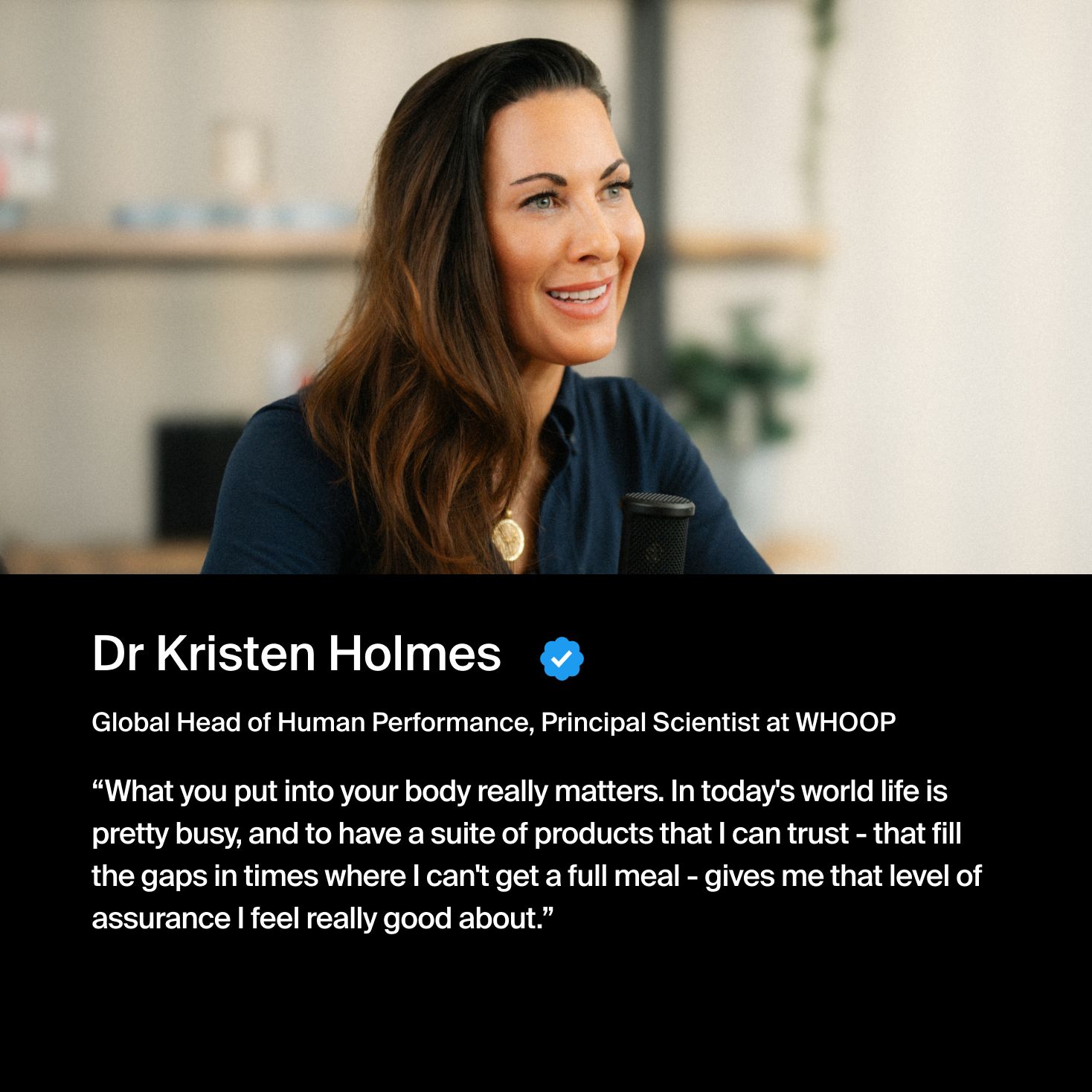 Nutritionist in a neutral, well-lit office environment accompanied by a quote endorsing Huel RTD protein drink