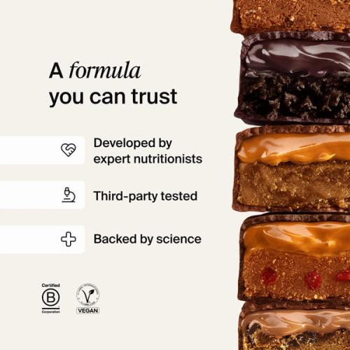 A stack of Huel caramel and peanut bars next to scientific claims about Huel products