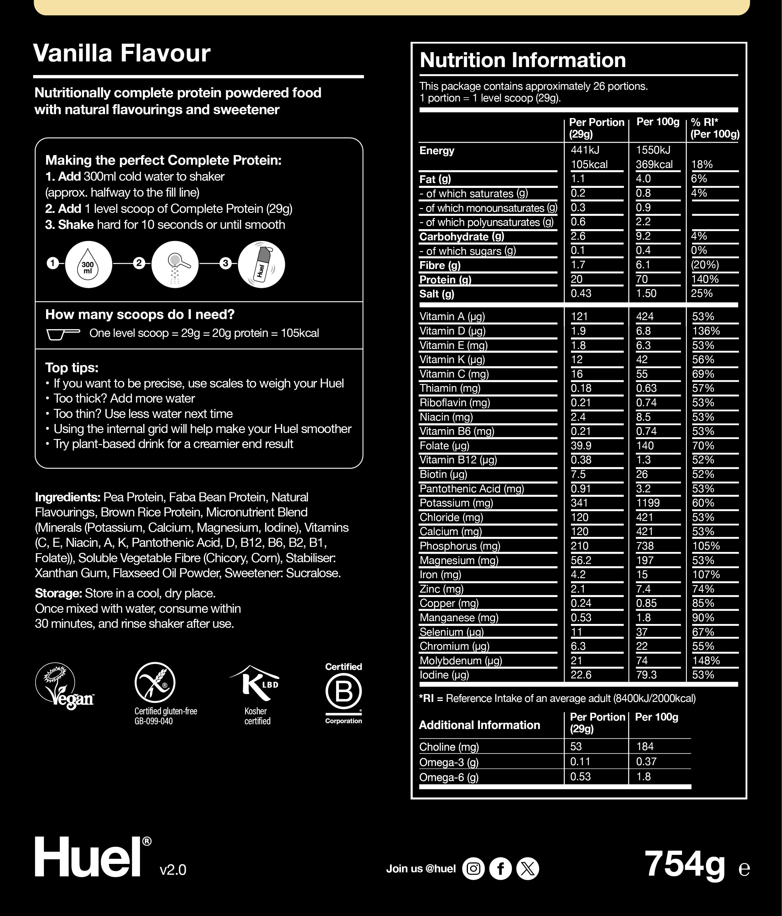 Nutritional information for Huel Complete Protein - Vanilla