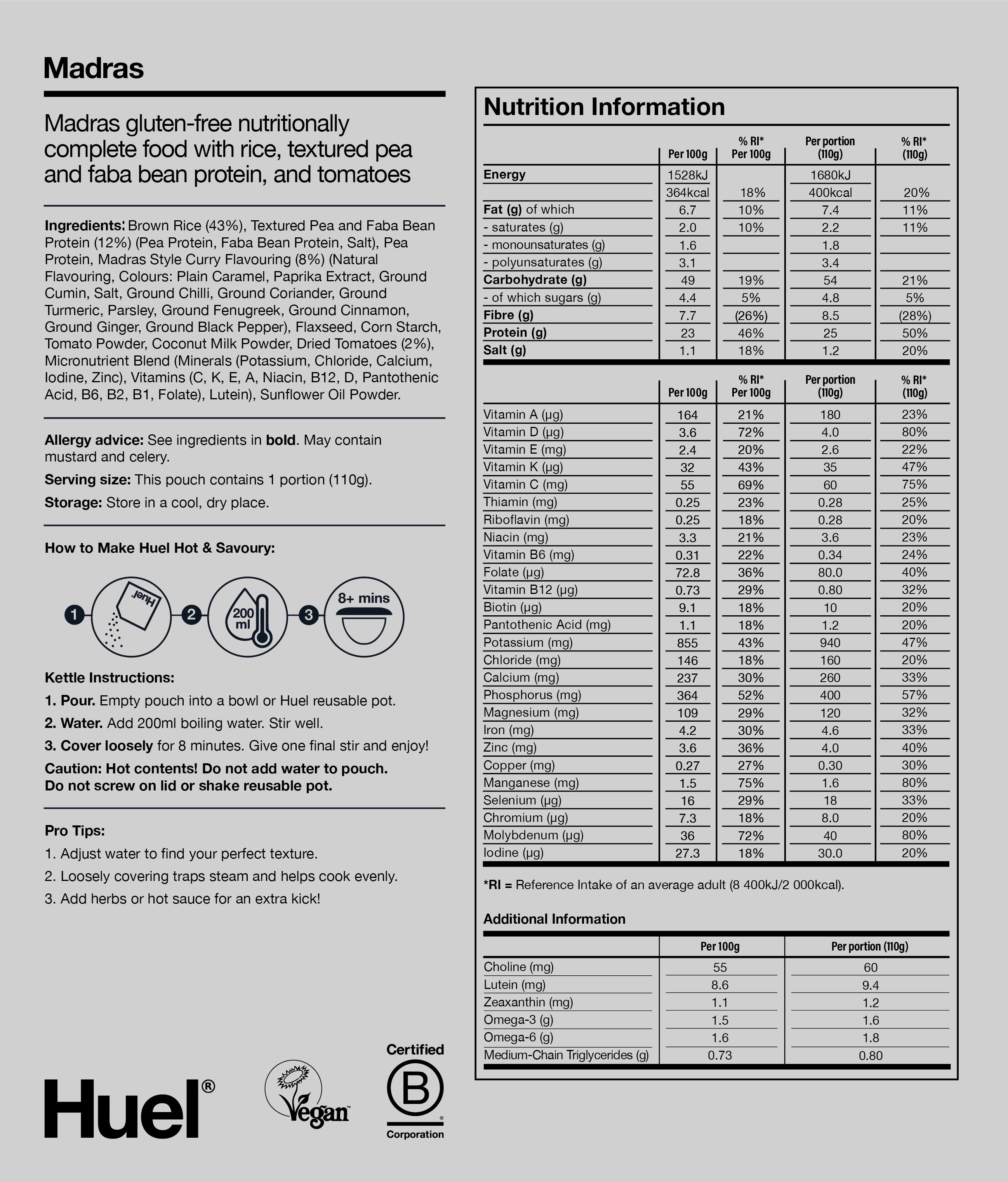 Hot & Savoury Meal Pack BOP Nutritional Information 