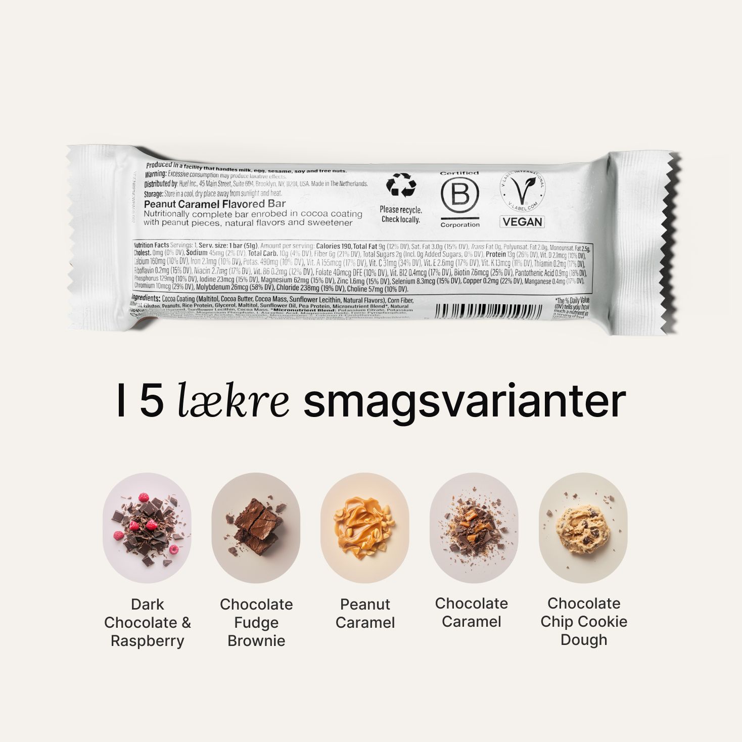 The back-of-pack label of a Huel Complete Nutrition Bar accompanied by images of ingredients