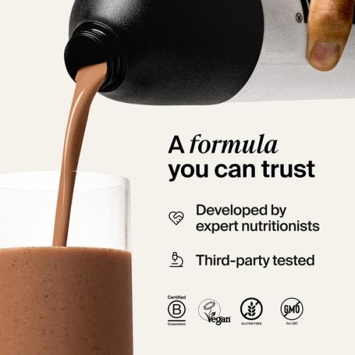 A close-up image of liquid pouring from a black and white Huel shaker, accompanied by science claims related to Huel