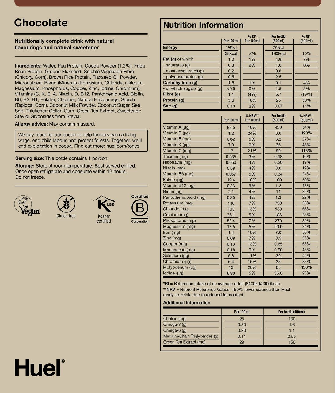 Nutritional information for Huel RTD Lite - Chocolate