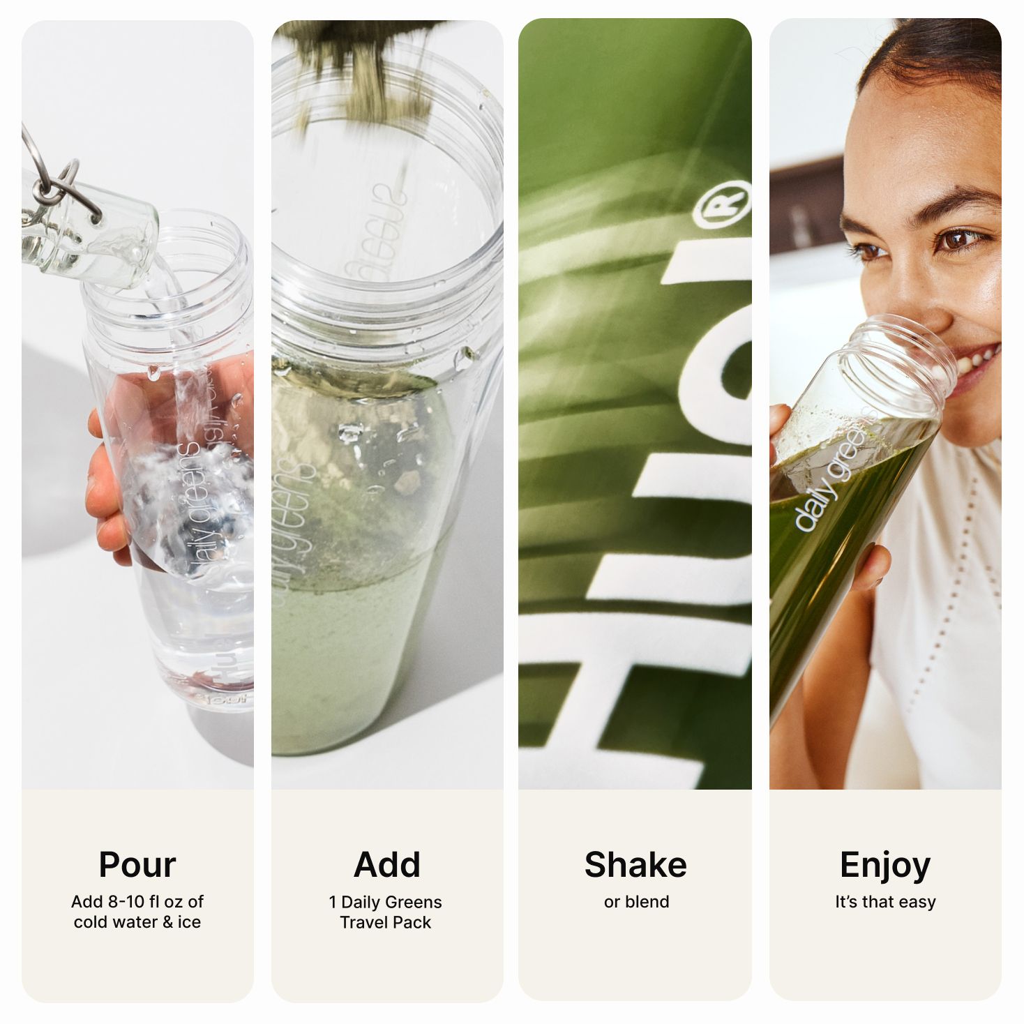 a visual, step-by-step guide for how to prepare the Greens - Add, Shake, Enjoy! 