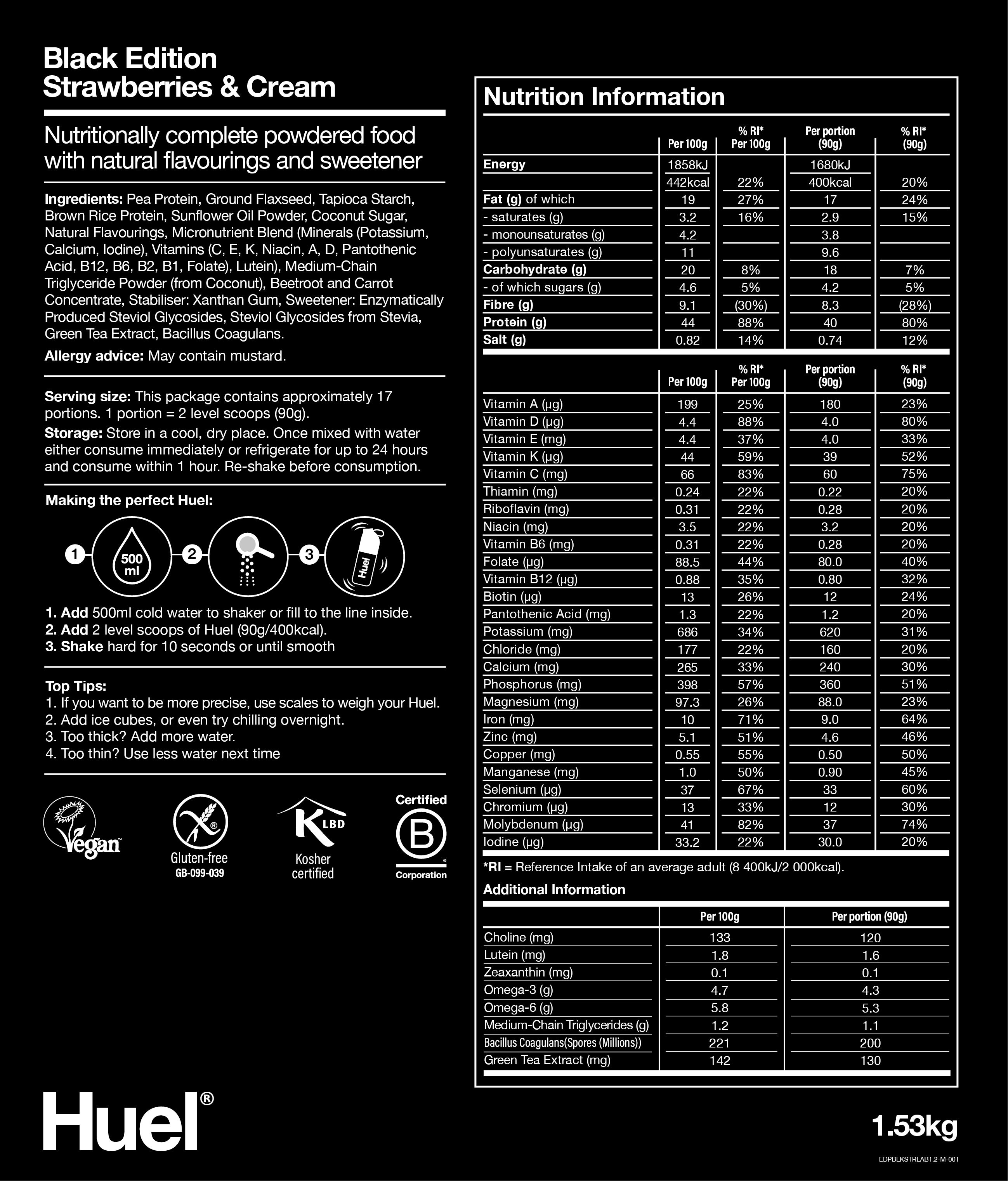 Nutritional information for Black Edition Huel - Strawberries & Cream