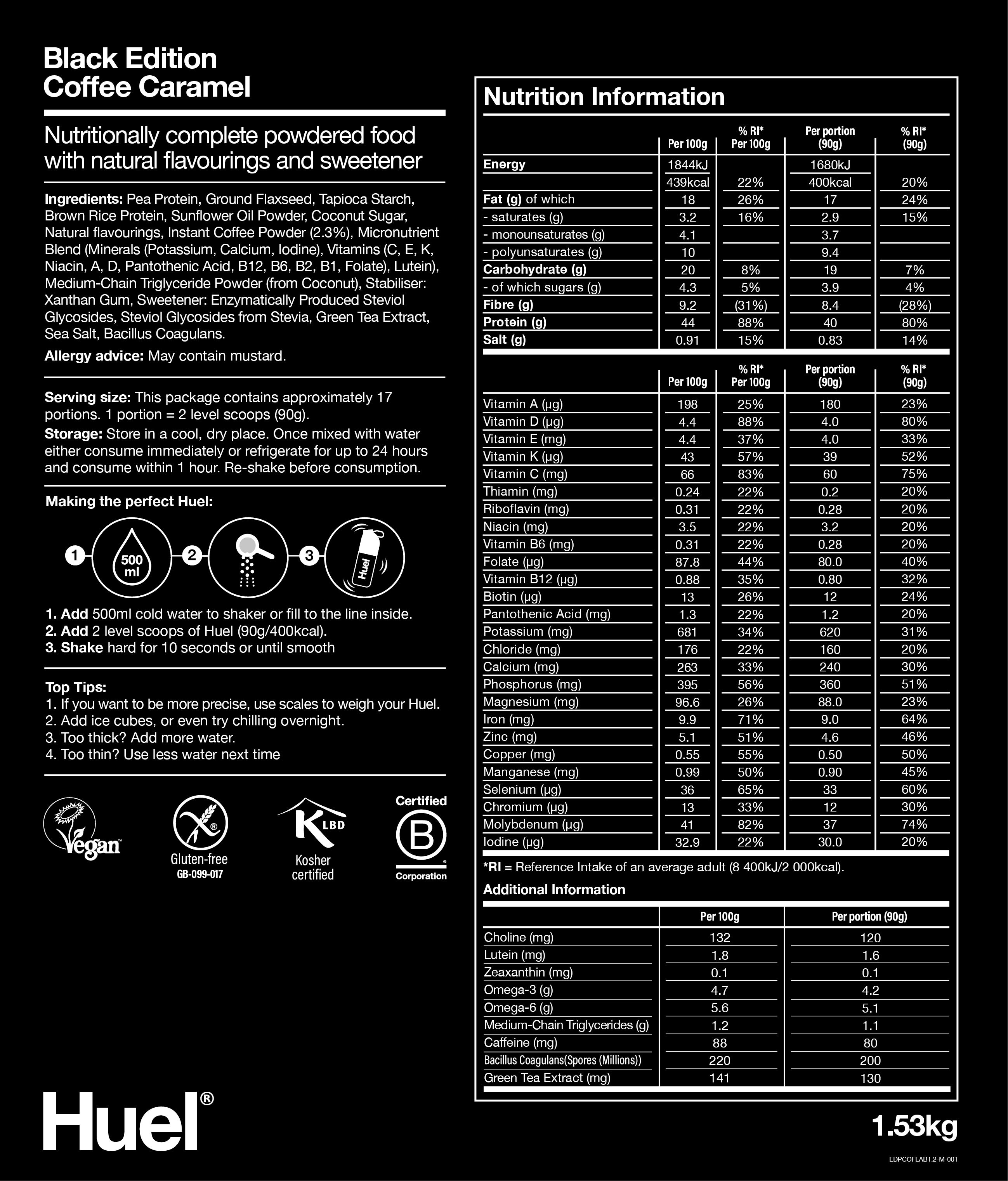 Nutritional information for Black Edition Huel - Coffee Caramel