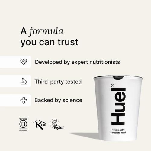 A white Huel pot on an off-white coloured background with callouts explaining Huel's scientific credentials