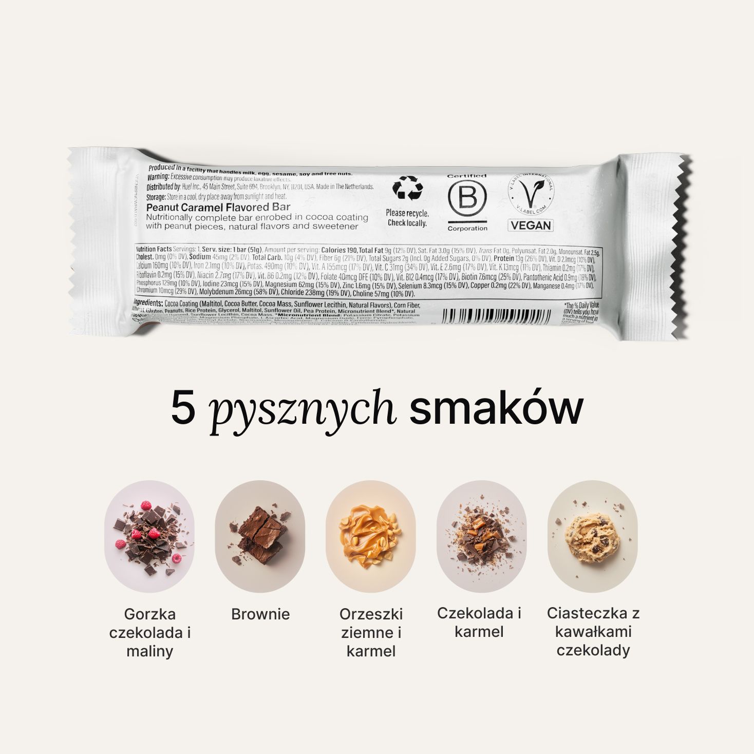 The back-of-pack label of a Huel Complete Nutrition Bar accompanied by images of ingredients