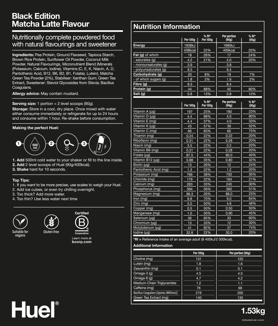 Huel Black Edition Matcha Latte nutritional information