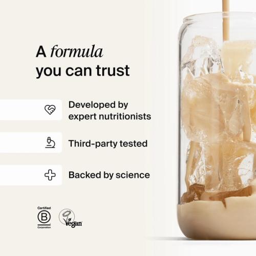 Huel meal replacement drink being poured into a glass of ice