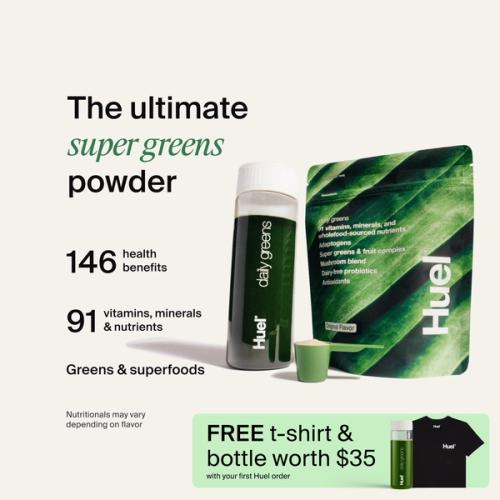 A picture of a Daily Greens bottle with nutrition callouts