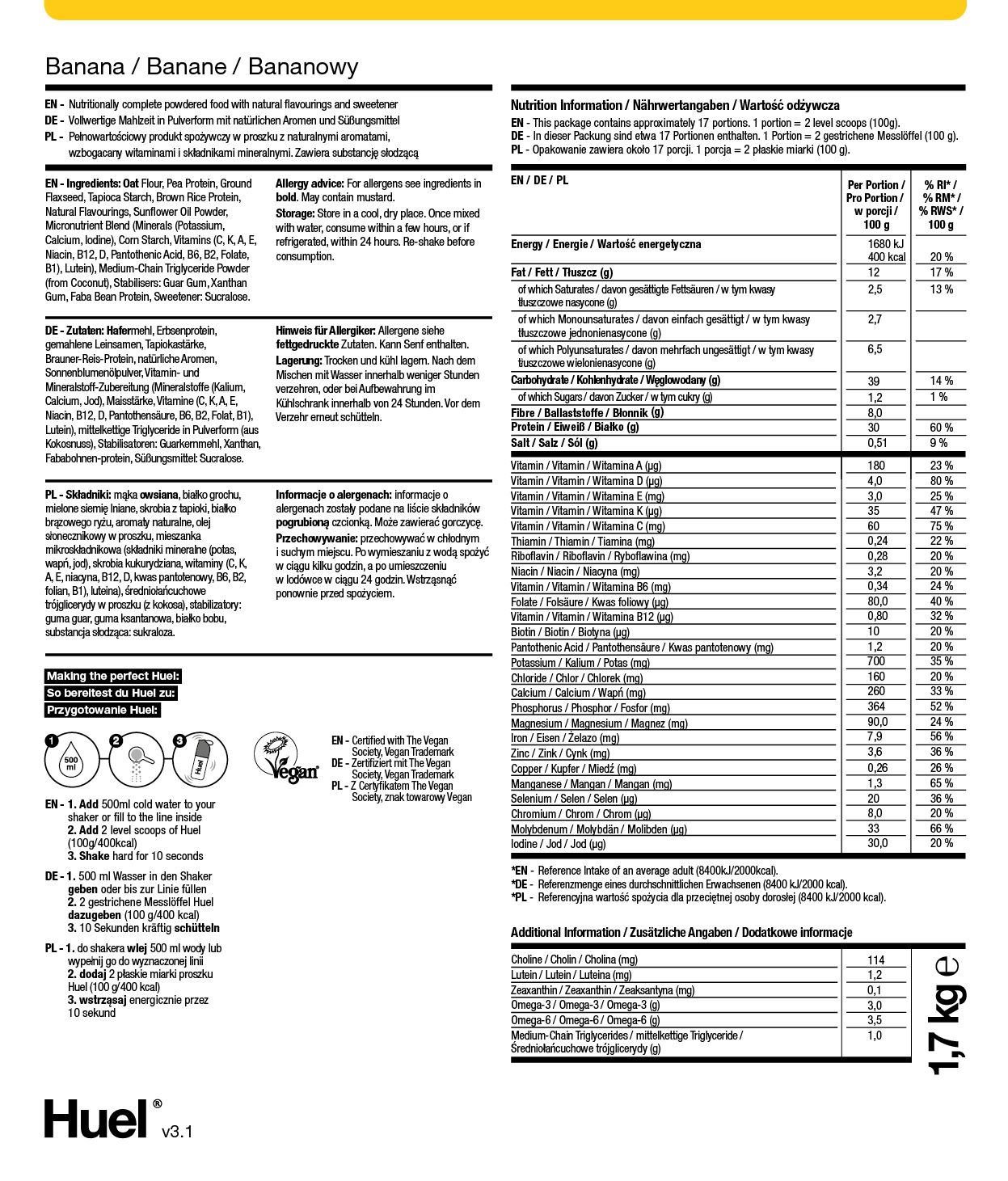 Informacje żywieniowe o proszku bananowym BOP