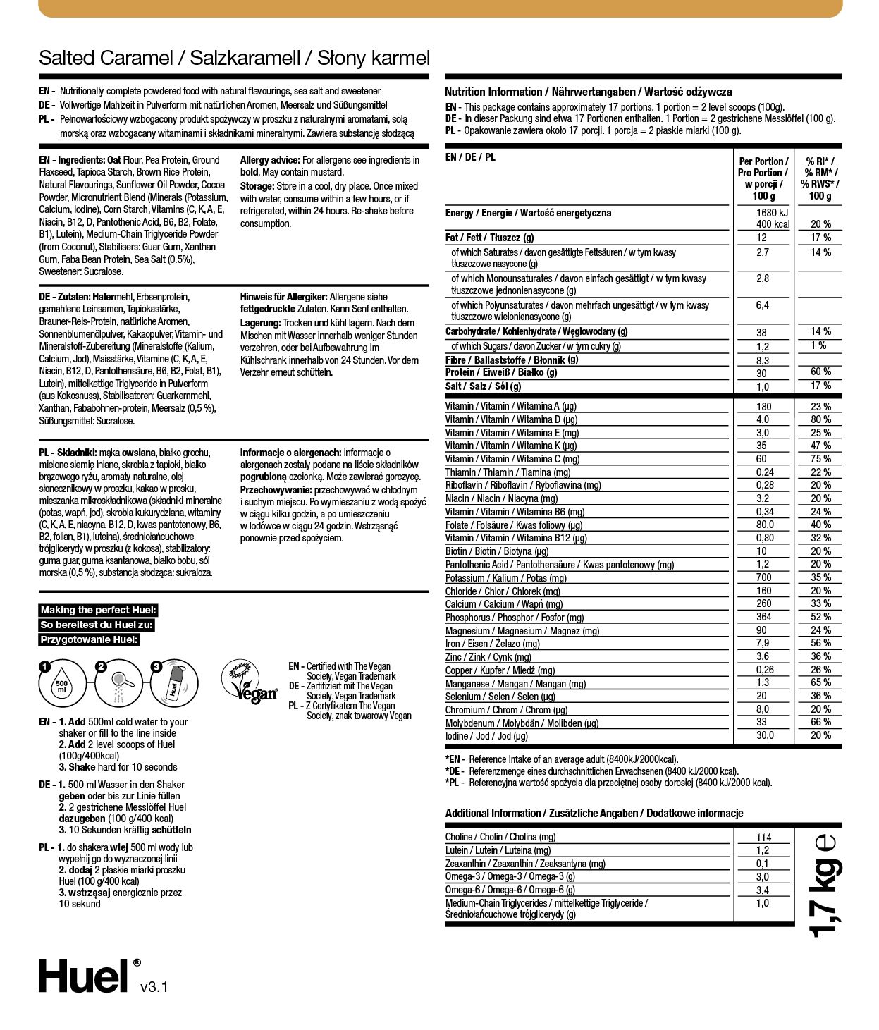 Informacje żywieniowe na tylnej stronie opakowania Huel Powder Salted Caramel