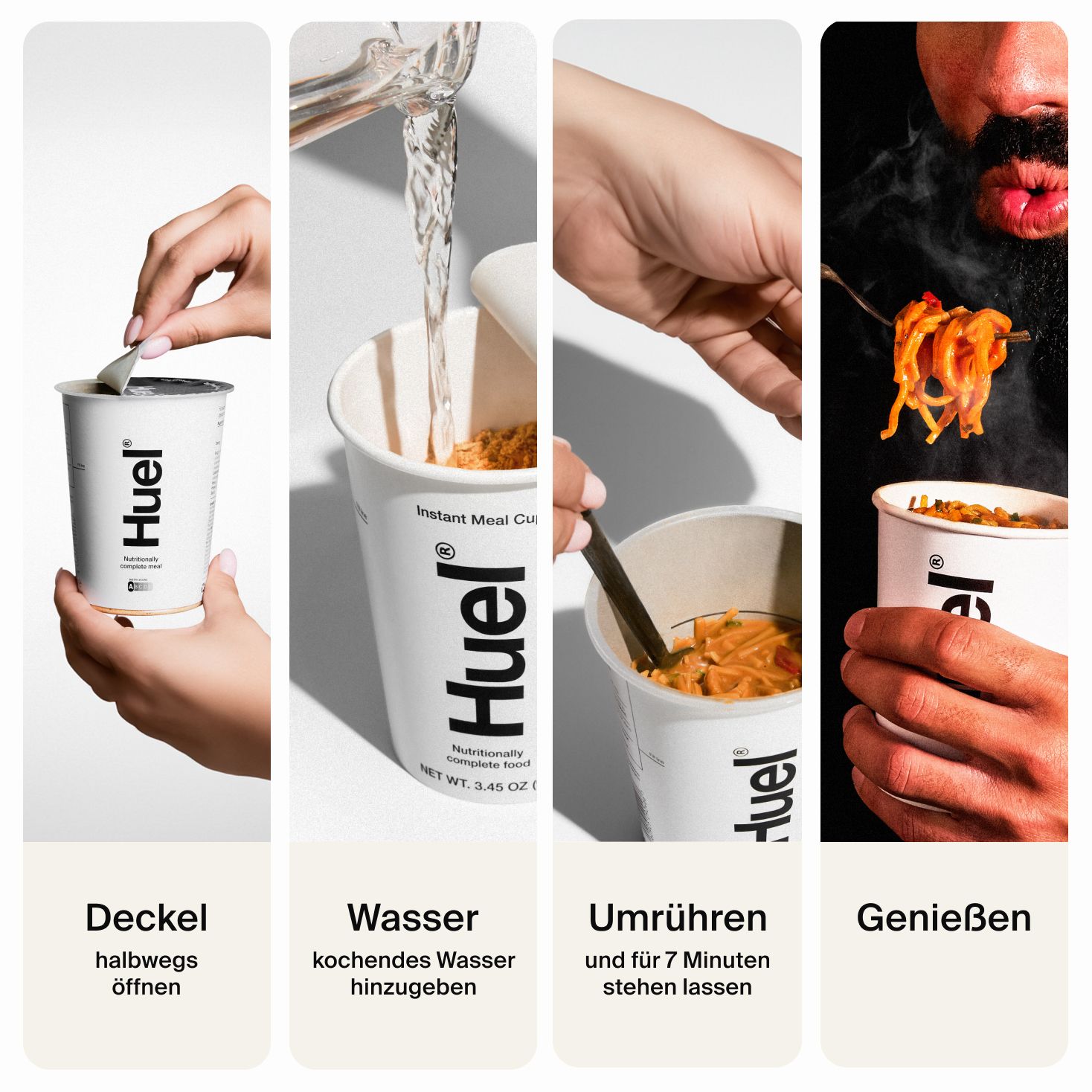 How to make Pots- Open lid half way, add boiling water to fill line, stir and let stand for 5 mins, enjoy