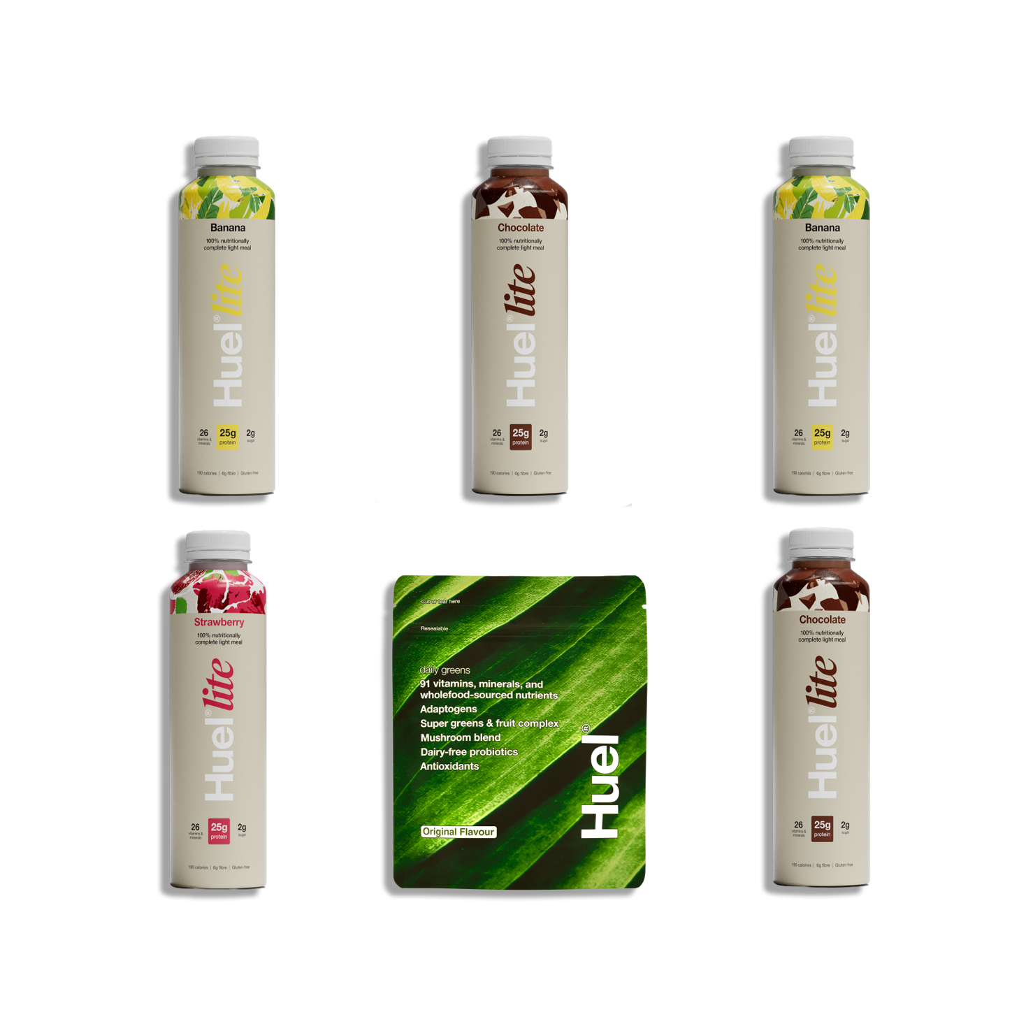 Group shot of Huel products perfect for improving your day-to-day wellbeing.