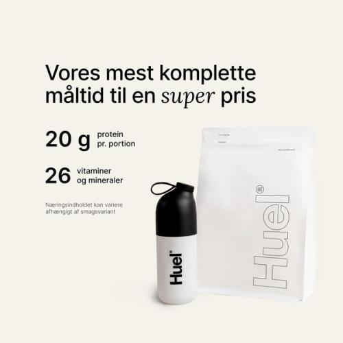 A white pouch of Huel Essential and a Huel shaker on a neutral colour background
