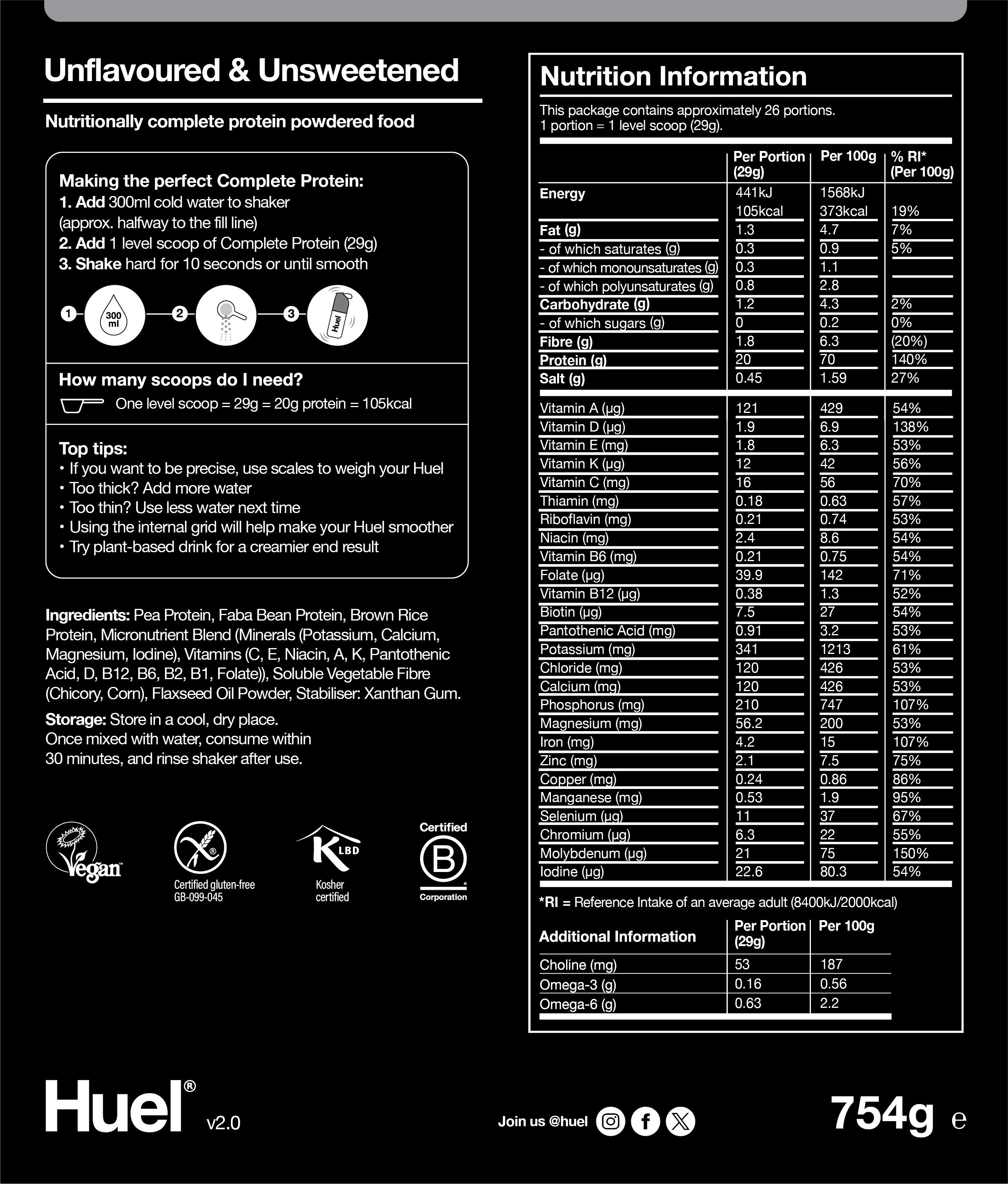Nutritional information for Huel Complete Protein - Unflavoured & Unsweetened