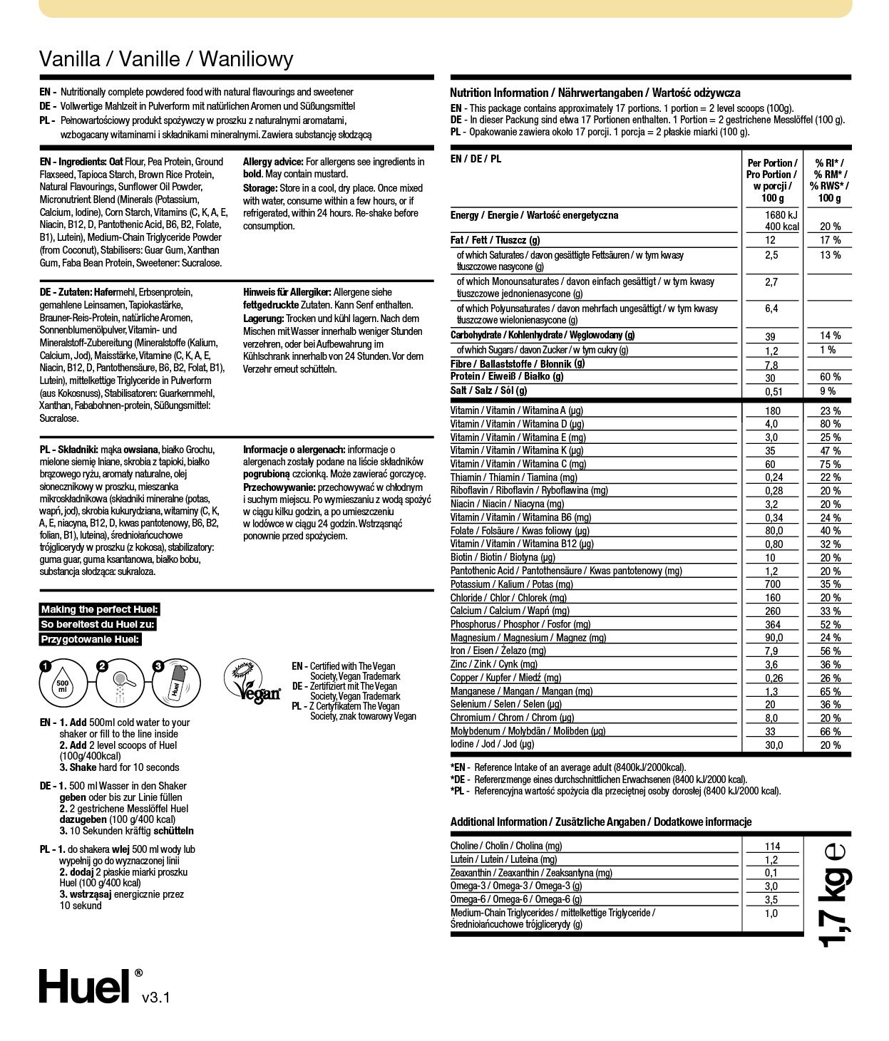 Informacje żywieniowe o proszku waniliowym BOP