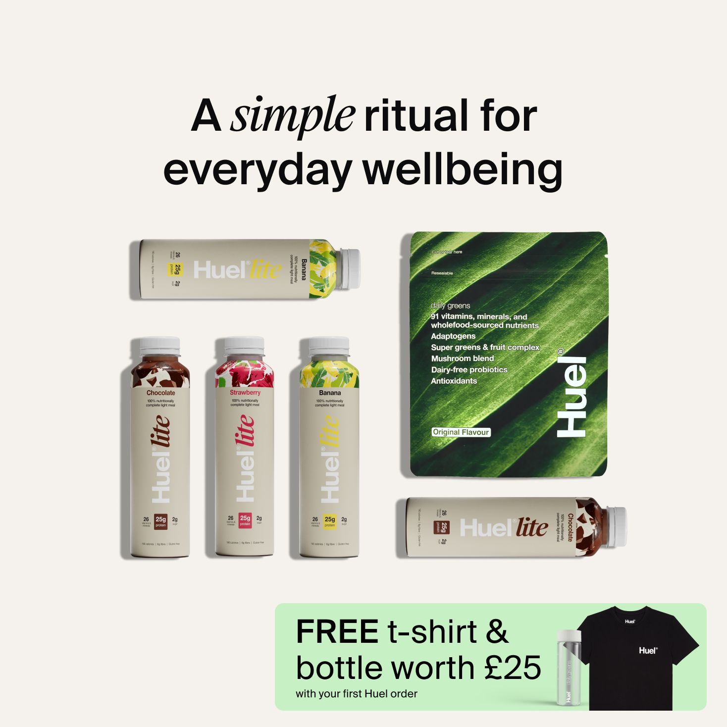 A selection of wellness-first Huel products like Daily Greens and Lite Ready-to-drink