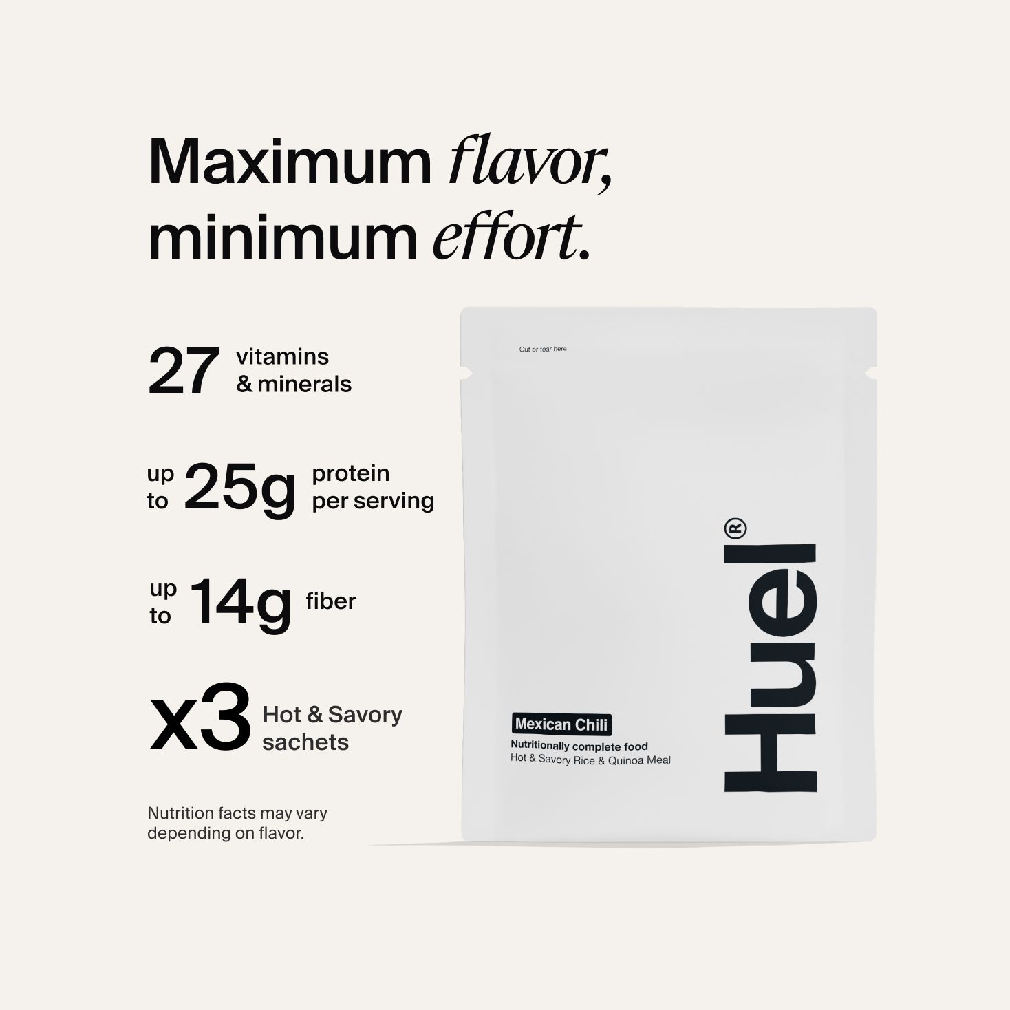 Huel Hot & Savoury Meal Packs set against a neutral colour background with health benefits written beside it