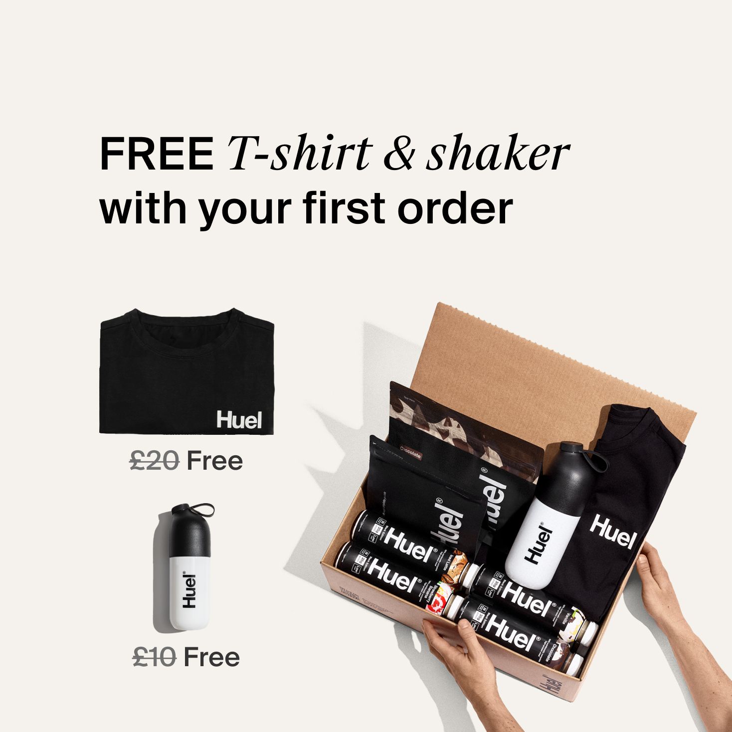 All the Huel High-Protein Bundle products next to a Black Huel T-shirt and shaker