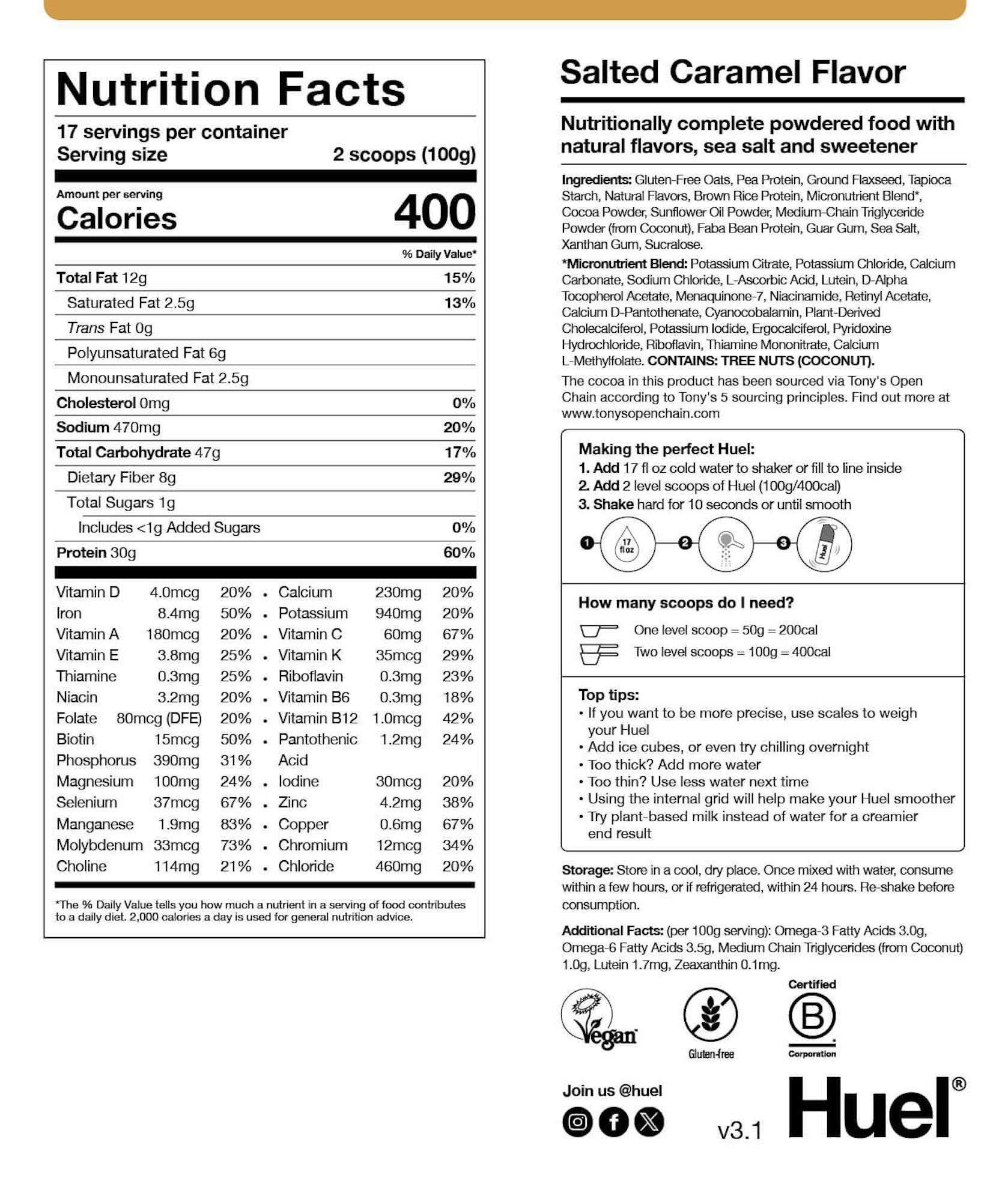 Nutritional label for Huel Powder Salted Caramel 
