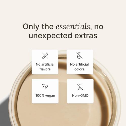 image of a glass of Huel meal replacement drink on a neutral color background with key health benefits