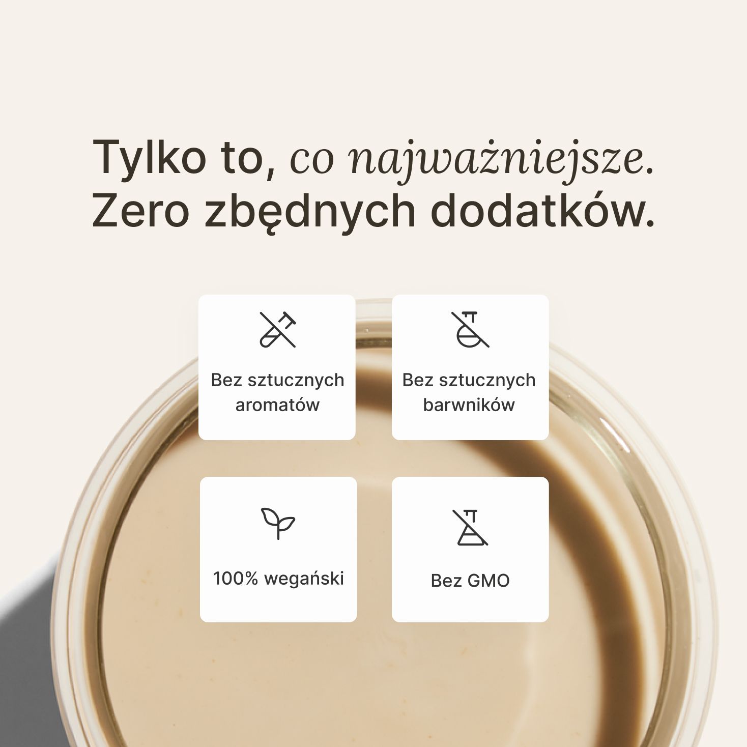 image of a glass of Huel meal replacement drink on a neutral colour background with key health benefits