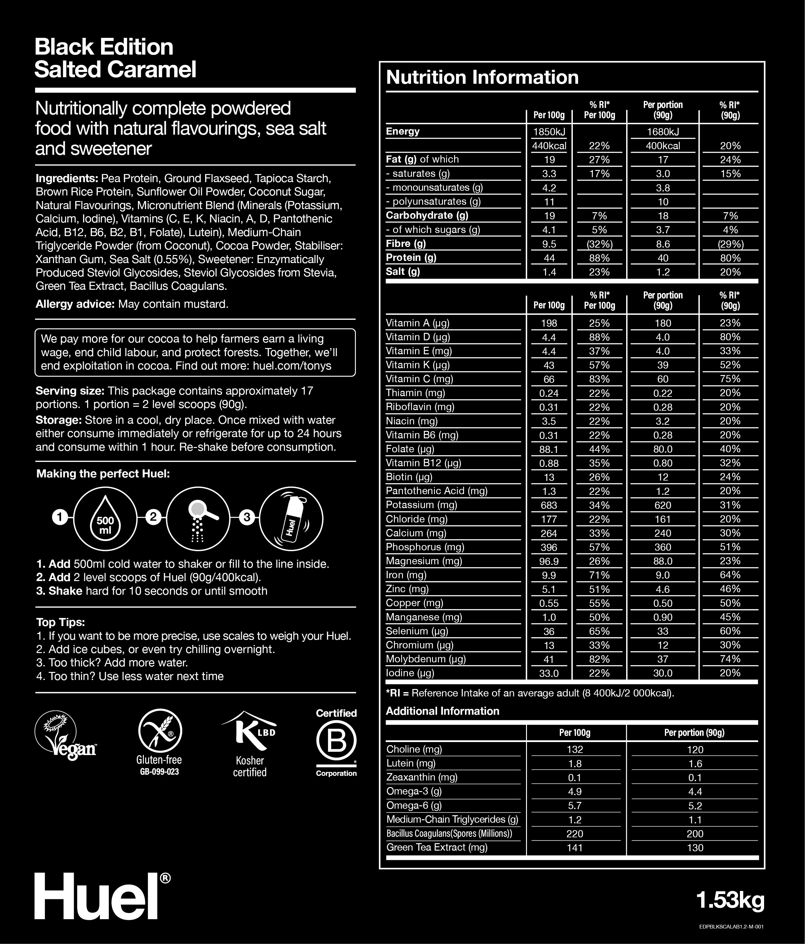 Nutritional information for Black Edition Huel - Salted Caramel