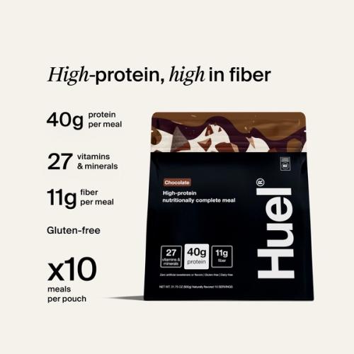 A bag of Huel Black Edition next to a glass containing a chocolate meal replacement drink, and nutritional information