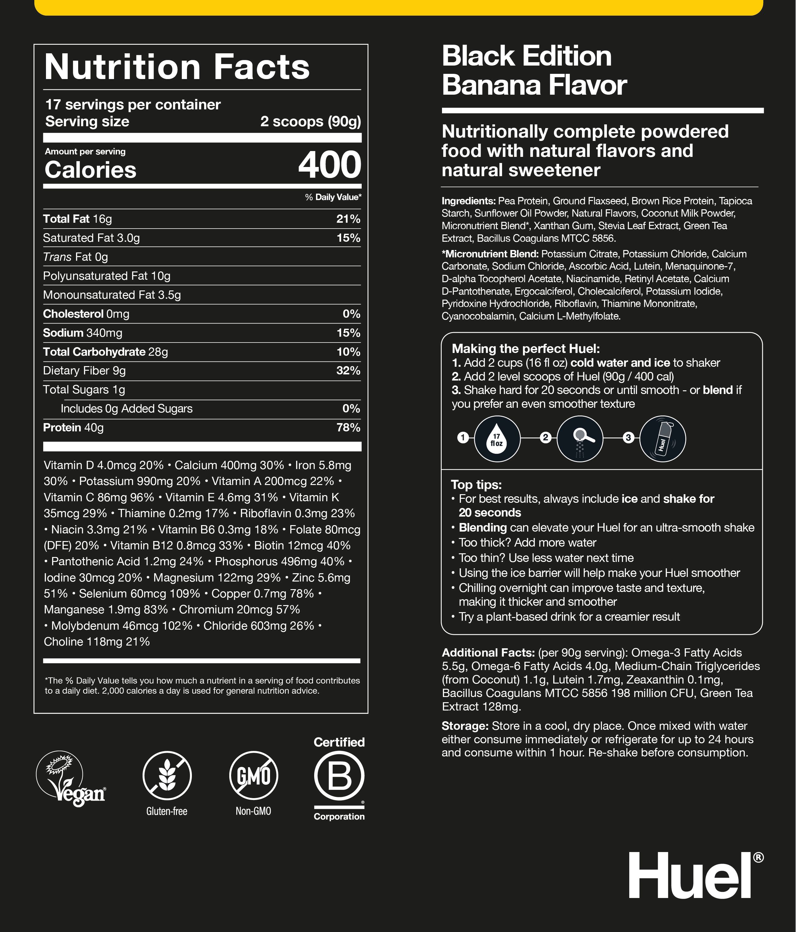 Banana back of pack nutritional label 