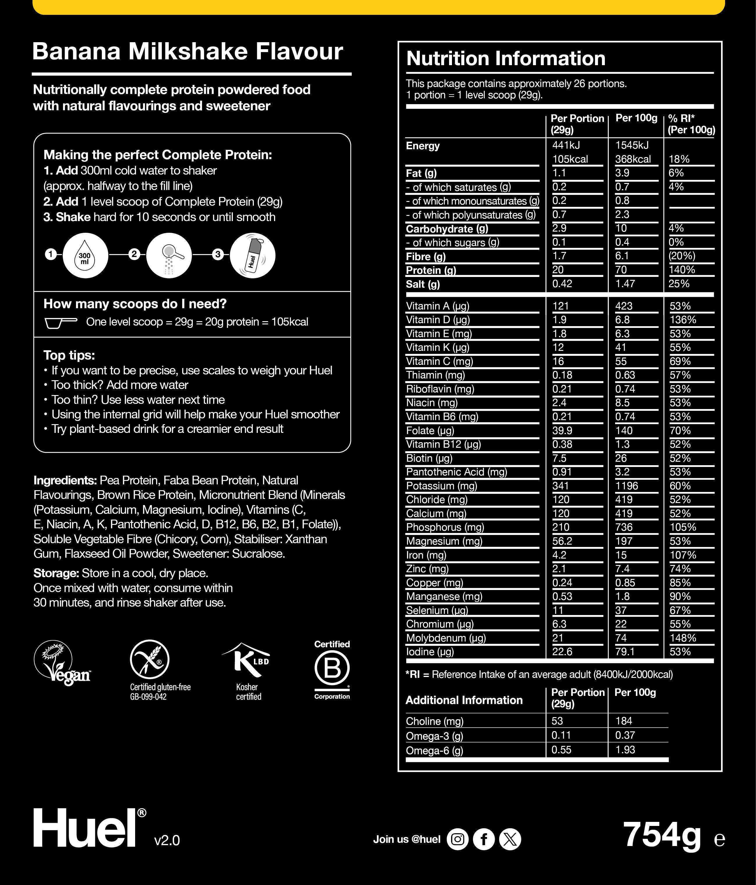 Nutritional information for Huel Complete Protein - Banana Milkshake