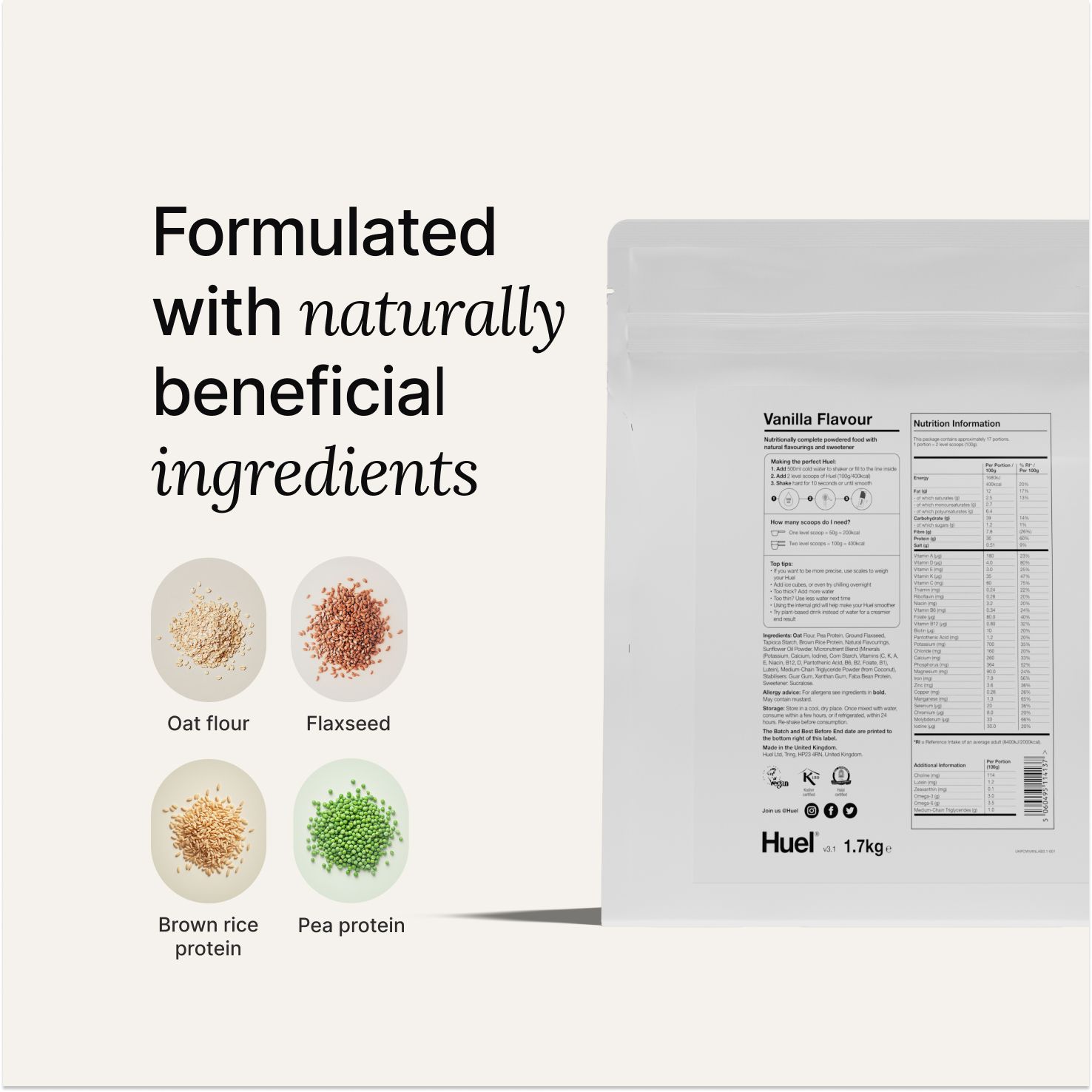 Back of pack nutritional information for Huel Powder