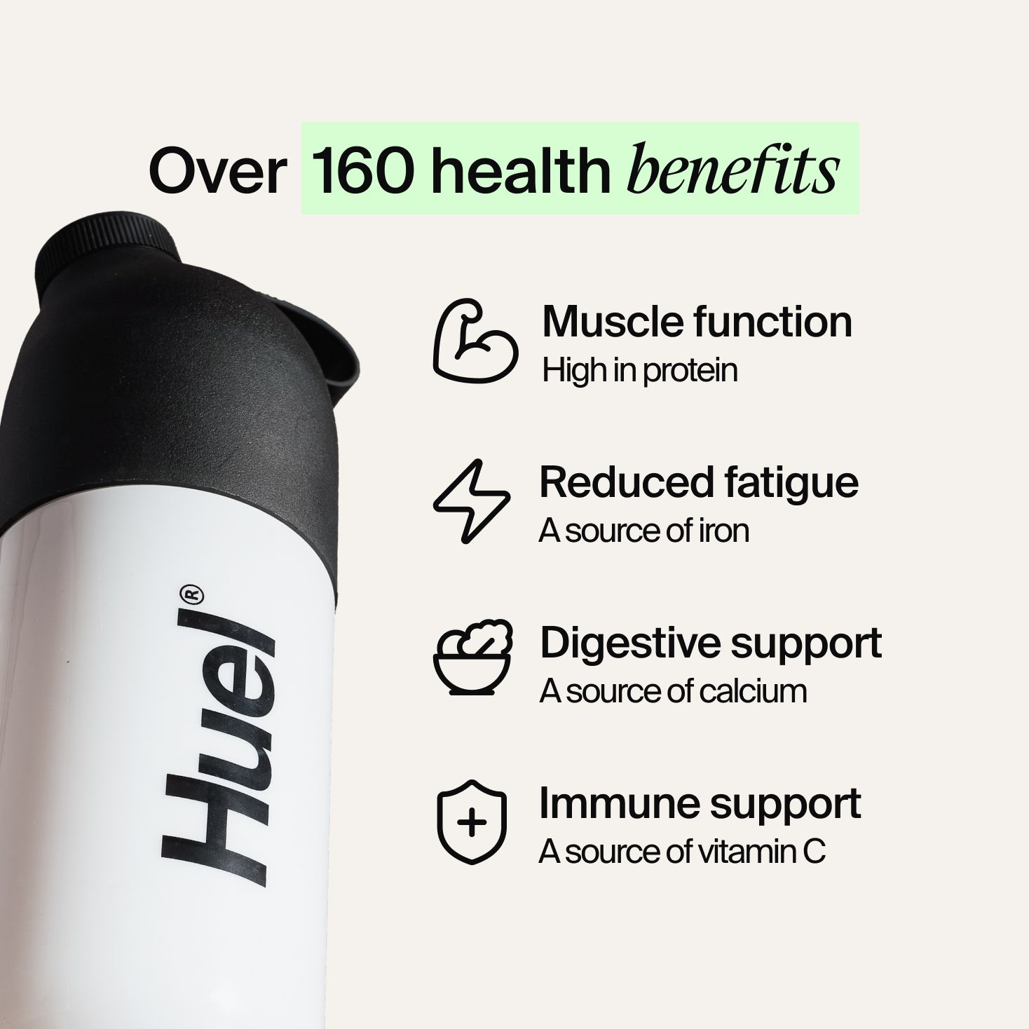An infographic showing the health benefits of Huel and an image of a man drinking from a Huel shaker
