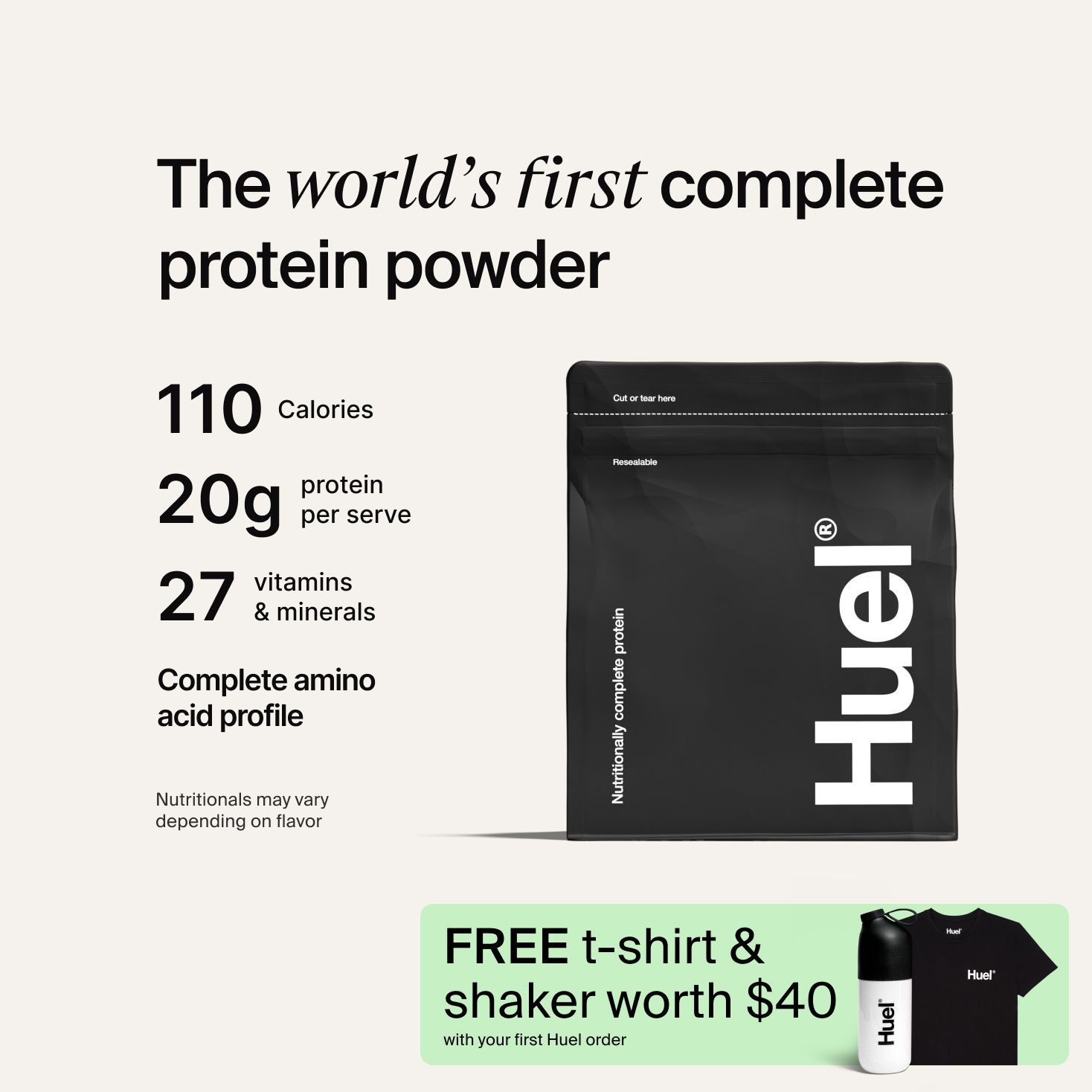 Black bag of Huel Complete Protein powder on a neutral colour background, accompanied by key benefits of Huel