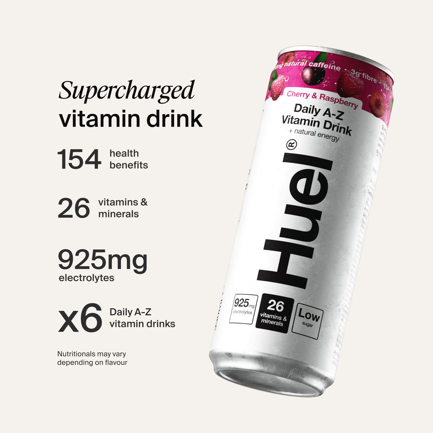 A can of Huel Daily A-Z Vitamins with Cherries & Raspberries on, set against a neutral background
