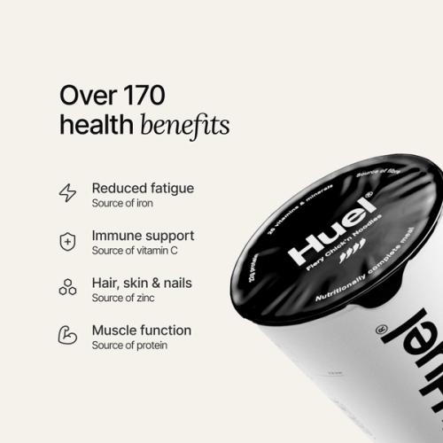 Close up of a Huel pot lid accompanied by text outlining a number of key health benefits 