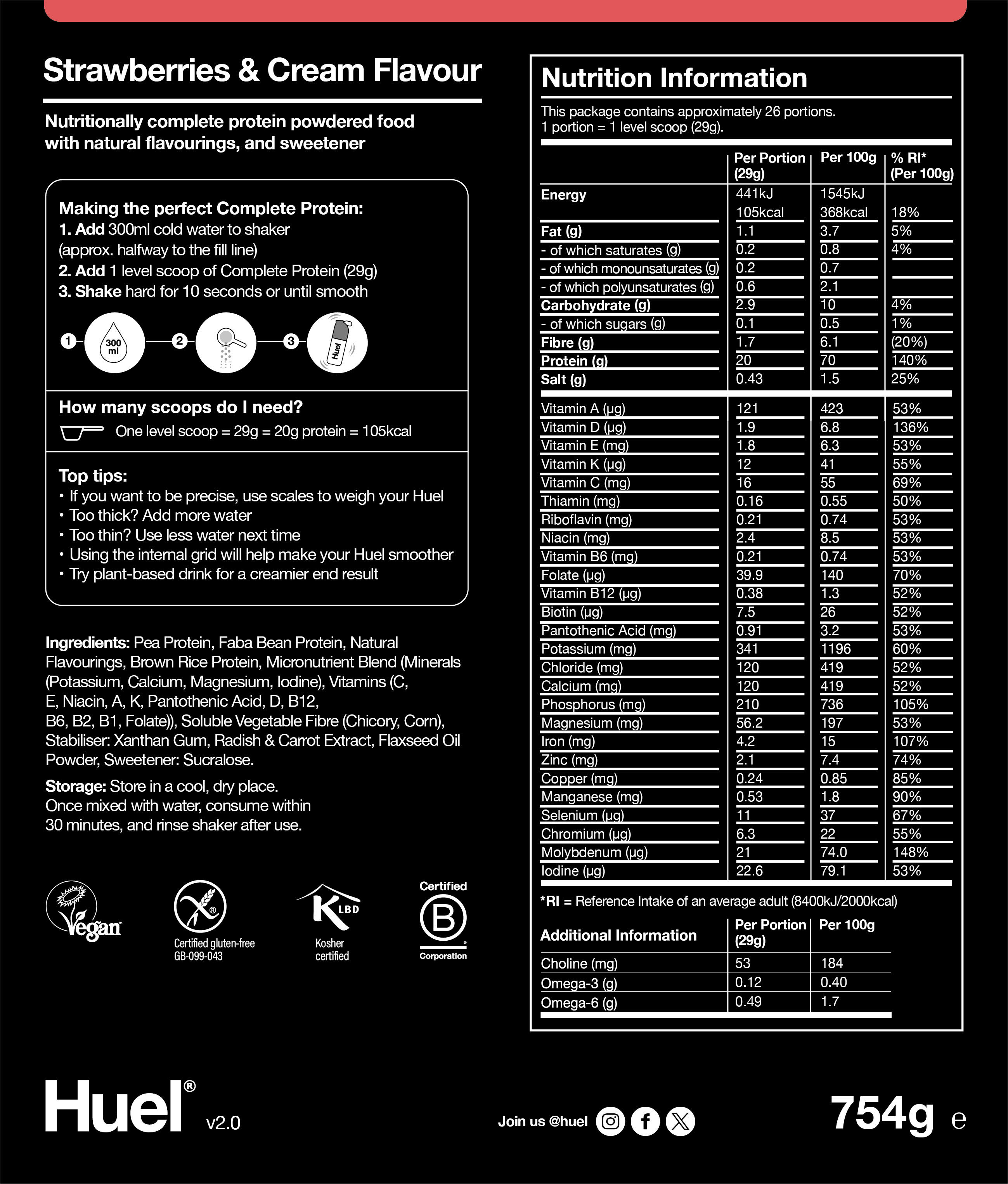 Nutritional information for Huel Complete Protein - Strawberries & Cream