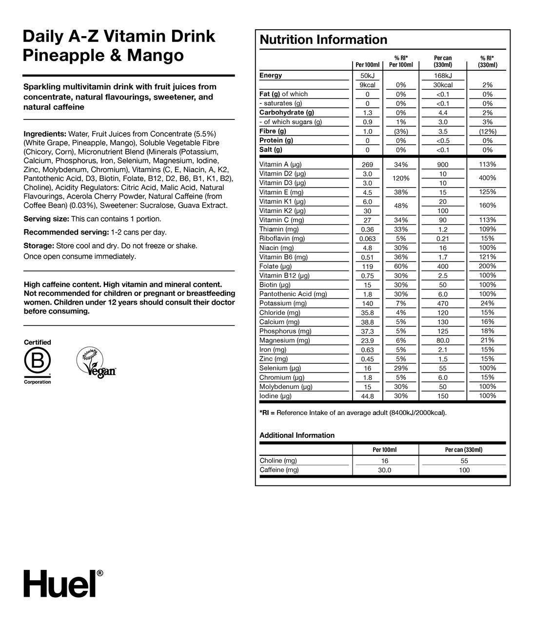 Nutritional label for DAZ Pineapple & Mango 