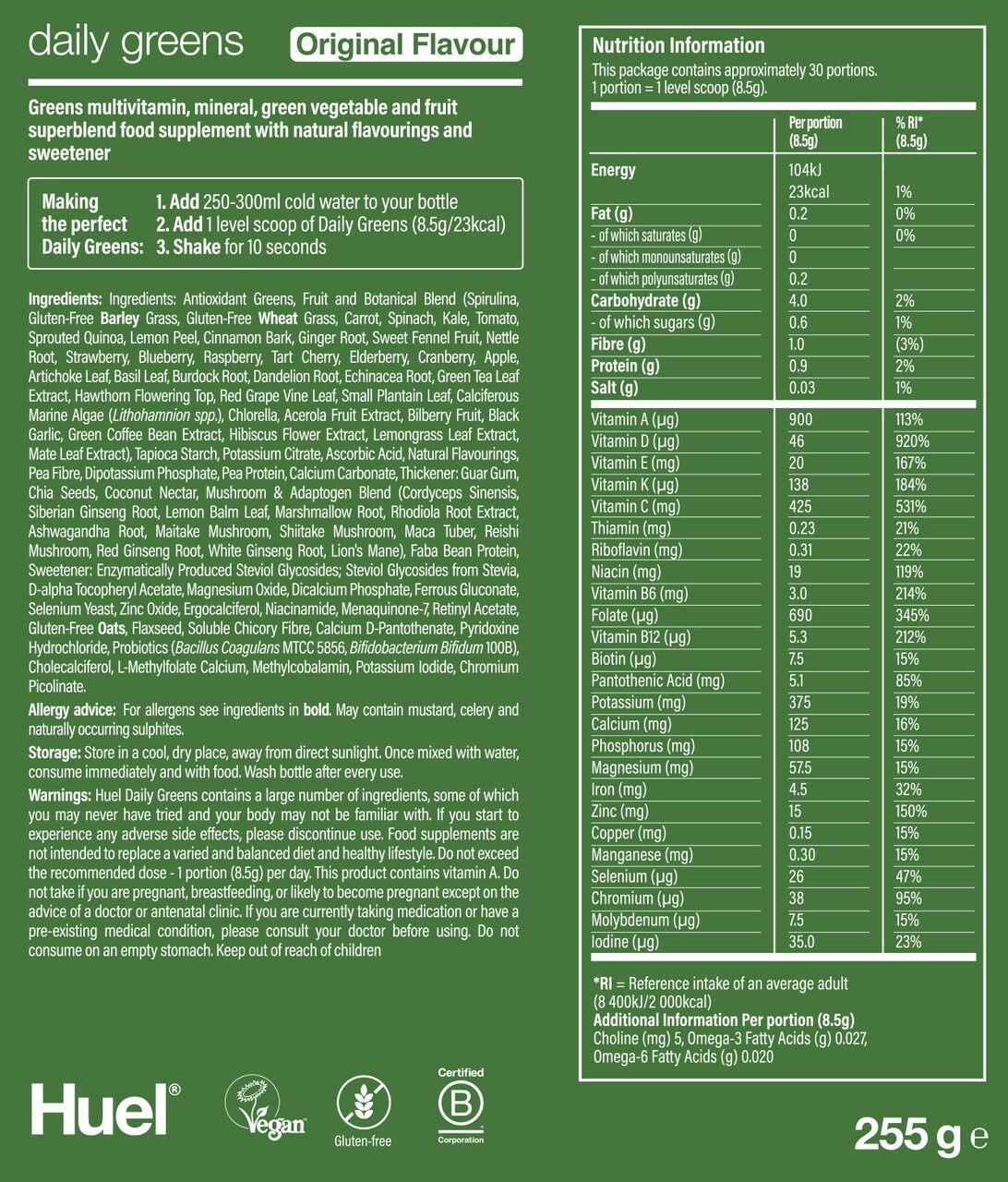Huel Daily Greens Original nutritional information 