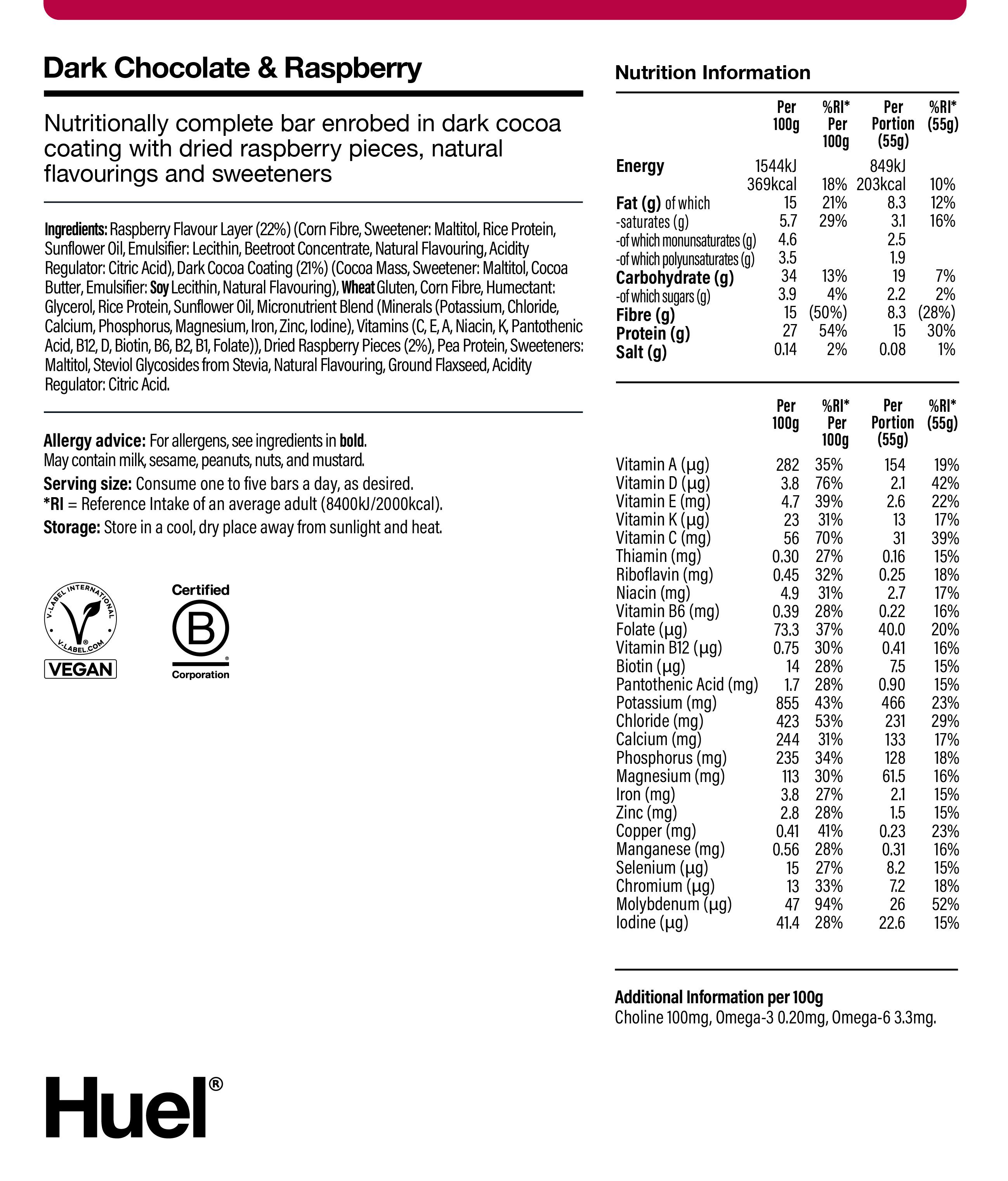 Nutritional information for Huel Complete Nutrition Bar - Dark Chocolate Raspberry